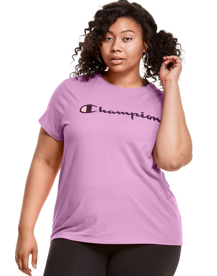 Champion Womens T-Shirt NZ - Plus Classic Script Logo Pink ( 5492-KHOVP )